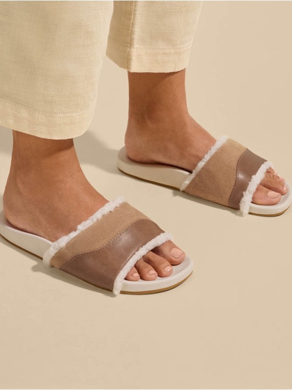 OLUKAI Hō‘ala Slide Women’s Leather/Suede Shearling In Taupe Slide Sandals